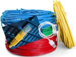 Different coils of cables in different colours, phone chargers and ethernet cables
