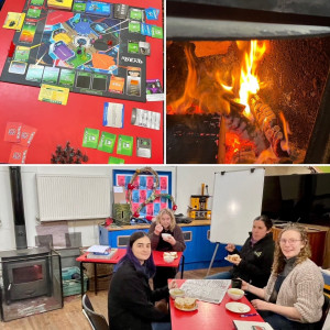 a collage of three images, top left shows a board game in progress, top right a roaring wood fire and at the bottom a group of st nicks staff, all female sit around a table eating soup and doing a crossword