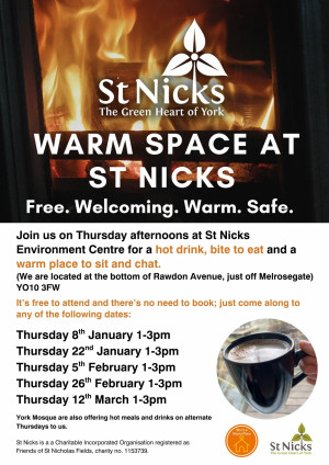 poster with close up image of orange flames, a white St Nicks logo is above bold text that reads 'Warm Space at St Nicks' and a description of the event including dates and a round photo of hot chocolate in a mug