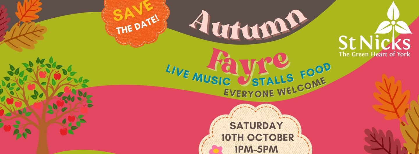 St Nicks Autumn Fayre promotional banner with warm autumnal colours, illustrations of leaves and an apple tree, and the date and time information