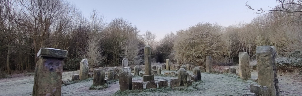 dragon stones in the frost, a ring of large rectangular shaped stones shaped to look like a mini stone henge