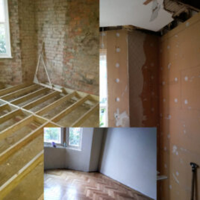 a composite of three images on the left shows a bare brick room with the floor boards removed showing the cavity beneath, on the right is a photo of the new insulation panels attached to the bricks hiding them and in the centre bottom is the finished room