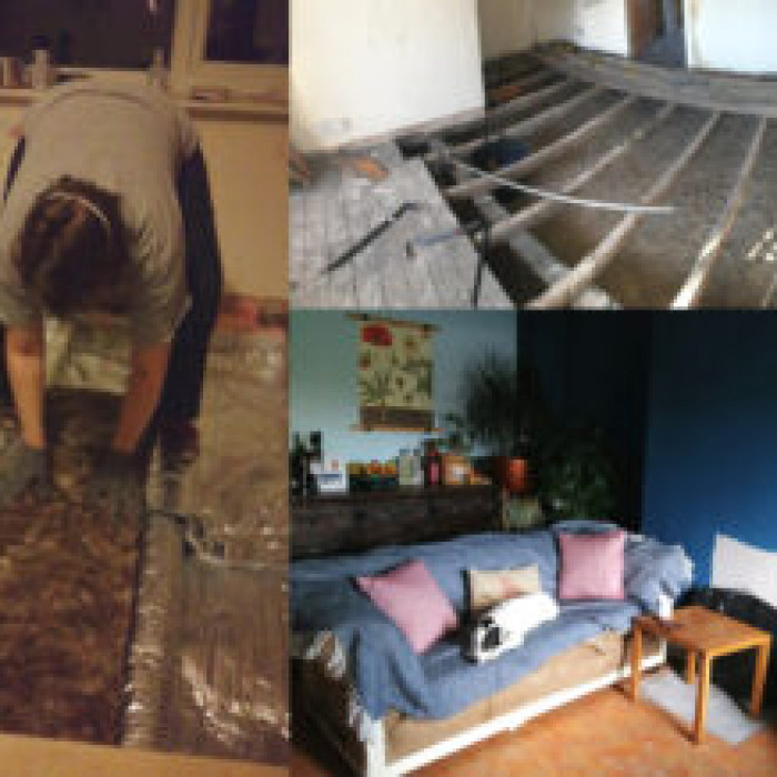 a composite of three images on the left a man in safety mask and gloves packs insulation between floor joists, top right shows a hollowed out floor with cavity beneath. bottom right shows the finished room with sofa covered in cushions
