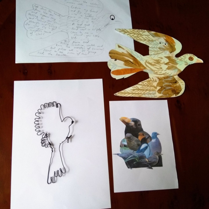 A selection of art and writing by participants which has been inspired by birds. The top one is an outline of a bird with pencil writing in it. Below is a silhouette coloured in watercolour. Bottom left is a wire bird silhouette and bottom right is a coll