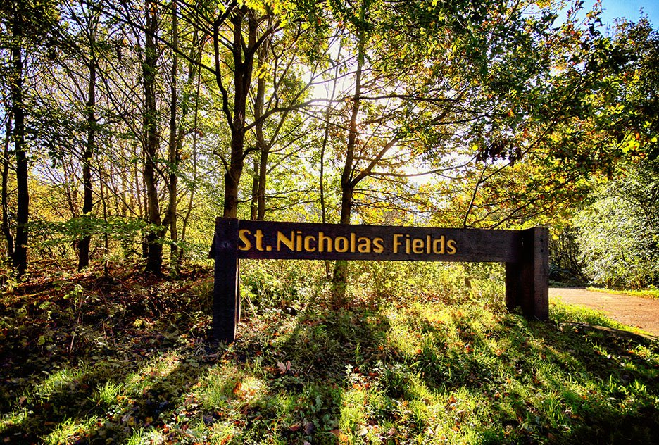 Autumn Woodland view of St NicholasFields signs_byLewisOuting_web