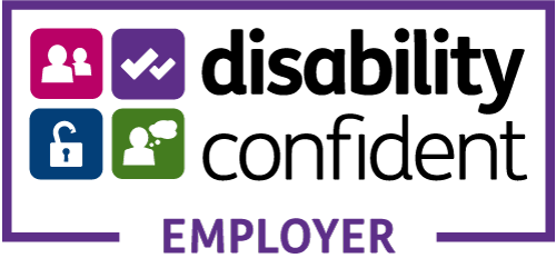 Purple border around a logo with the words Disability Confident Employer and four little graphics on different coloured backgrounds. One is an open padlock, another is two ticks, one is a person with thought cloud and the final one is two people
