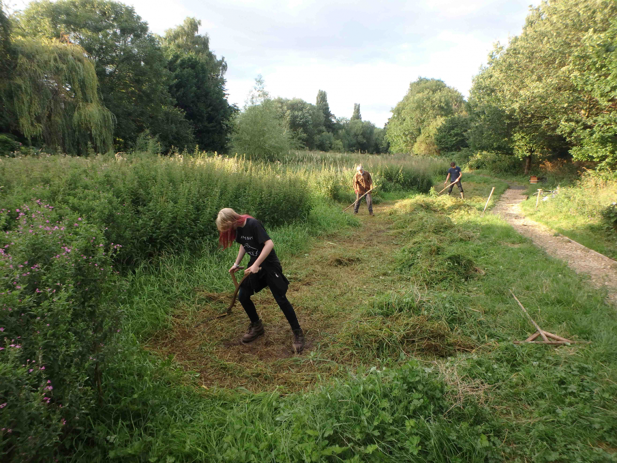 Three people cutting tall vegetation using scythes along a footpath. There are piles of grass cuttings behind them.