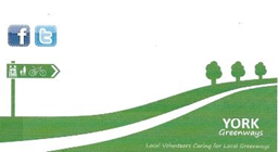 Greenways Logo. White background with white cycle path within green hills. Cycle path sign and trees in background