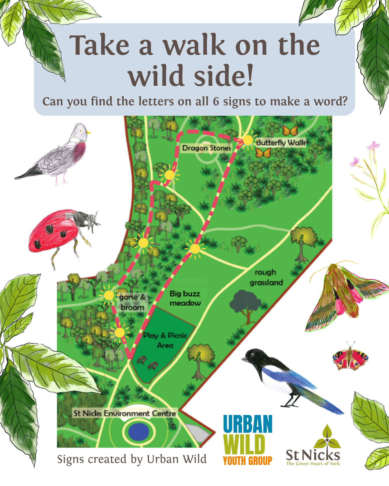 A map of St Nicks showing the rough locations of 6 new information boards. On each board is a letter that create an anagram to solve. There are childrens drawings of birds, insects and plants around the map. As well as the Urban Wild Youth Group logo, St